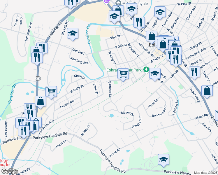 map of restaurants, bars, coffee shops, grocery stores, and more near 35 East Queen Street in Ephrata