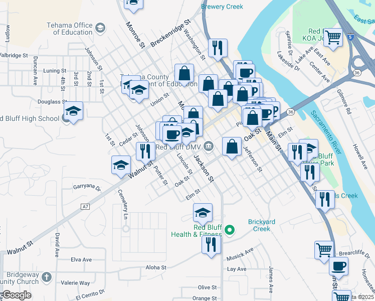 map of restaurants, bars, coffee shops, grocery stores, and more near 715 Jackson Street in Red Bluff