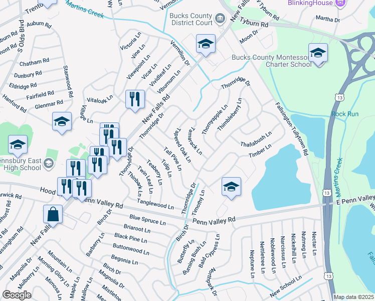map of restaurants, bars, coffee shops, grocery stores, and more near 28 Tapered Oak Lane in Levittown