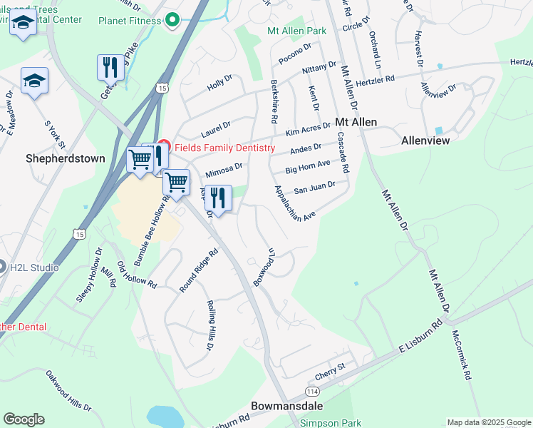 map of restaurants, bars, coffee shops, grocery stores, and more near 14 Pine Tree Drive in Mechanicsburg