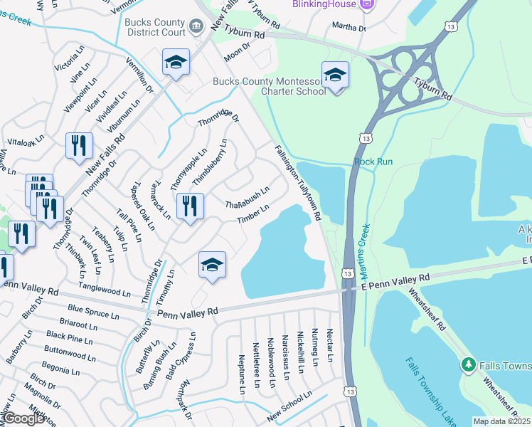 map of restaurants, bars, coffee shops, grocery stores, and more near 86 Timber Lane in Levittown