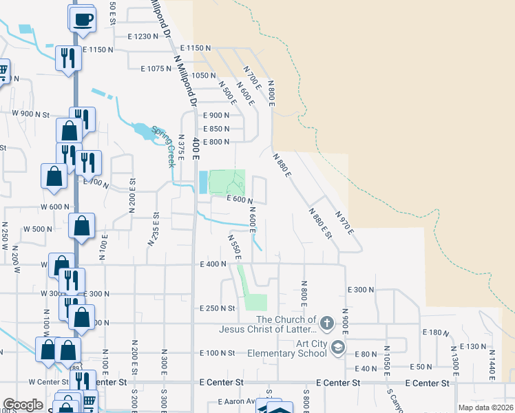 map of restaurants, bars, coffee shops, grocery stores, and more near 612 East 600 North in Springville