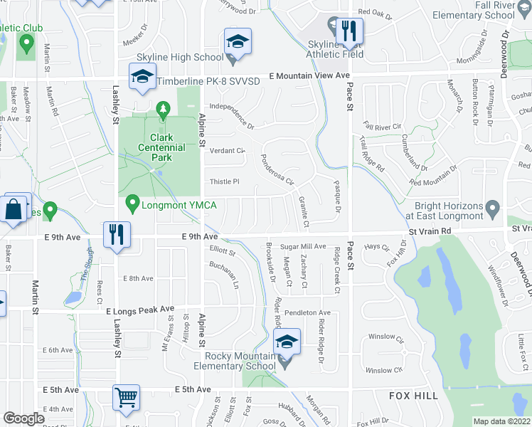 map of restaurants, bars, coffee shops, grocery stores, and more near 919 Timber Court in Longmont