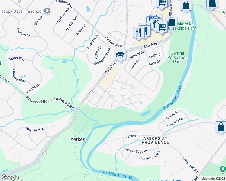 map of restaurants, bars, coffee shops, grocery stores, and more near 102 Pin Oak Court in Collegeville