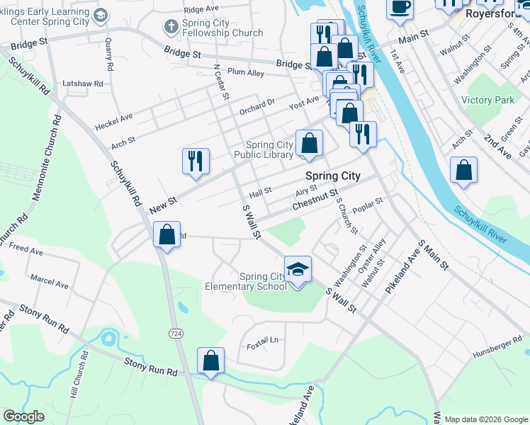 map of restaurants, bars, coffee shops, grocery stores, and more near 420 Chestnut Street in Spring City