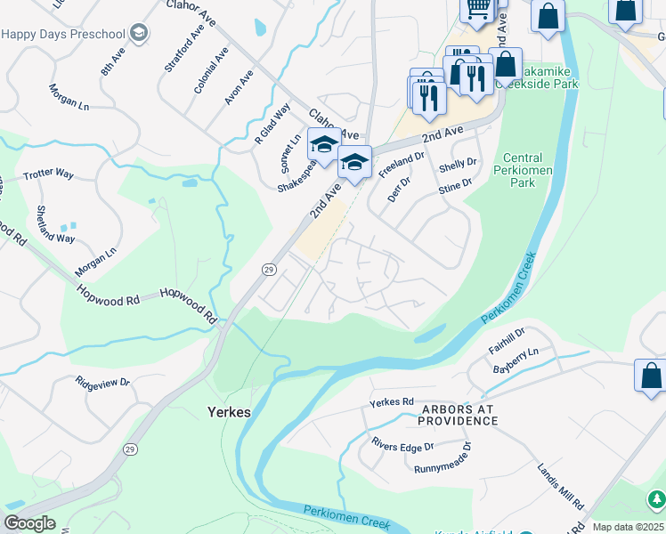 map of restaurants, bars, coffee shops, grocery stores, and more near 102 Pin Oak Court in Collegeville