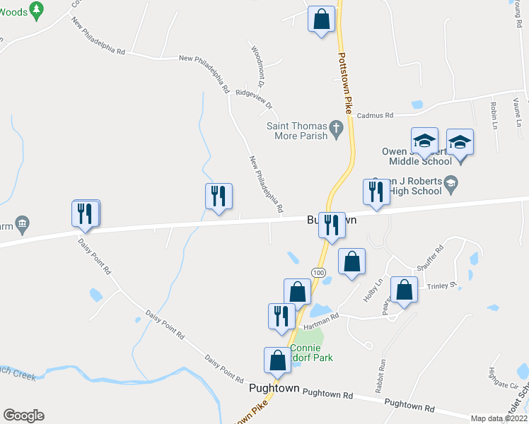 map of restaurants, bars, coffee shops, grocery stores, and more near 1110 New Philadelphia Road in Pottstown