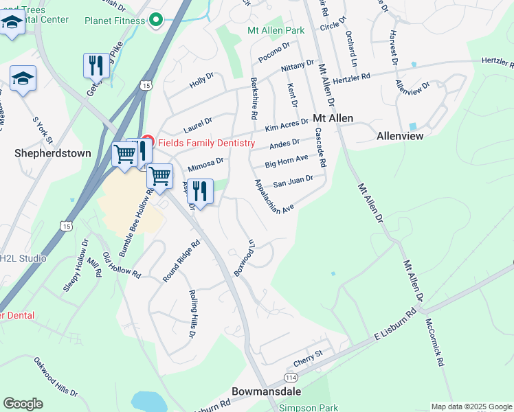map of restaurants, bars, coffee shops, grocery stores, and more near 21 Pine Tree Drive in Mechanicsburg