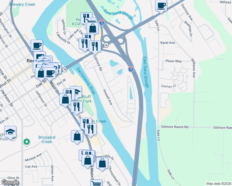 map of restaurants, bars, coffee shops, grocery stores, and more near 42 Byron Avenue in Red Bluff