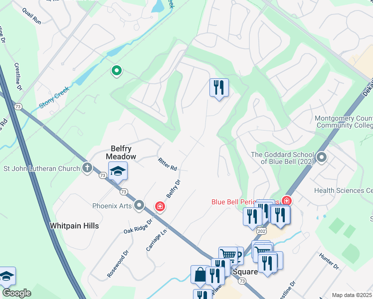map of restaurants, bars, coffee shops, grocery stores, and more near 1663 Salem Circle in Blue Bell
