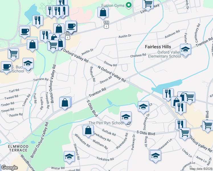 map of restaurants, bars, coffee shops, grocery stores, and more near 224 Trenton Road in Fairless Hills