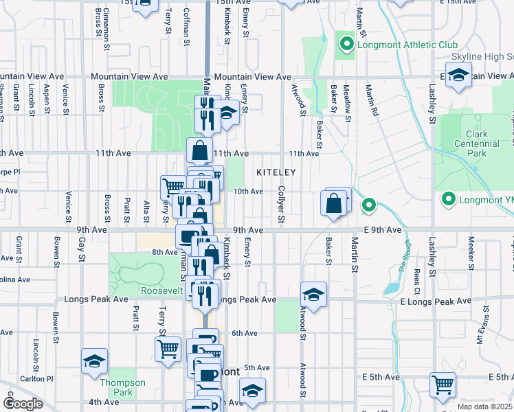 map of restaurants, bars, coffee shops, grocery stores, and more near 911 Corey Street in Longmont