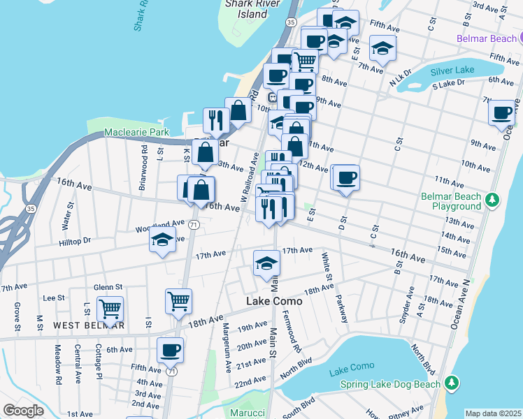 map of restaurants, bars, coffee shops, grocery stores, and more near 705 16th Avenue in Belmar