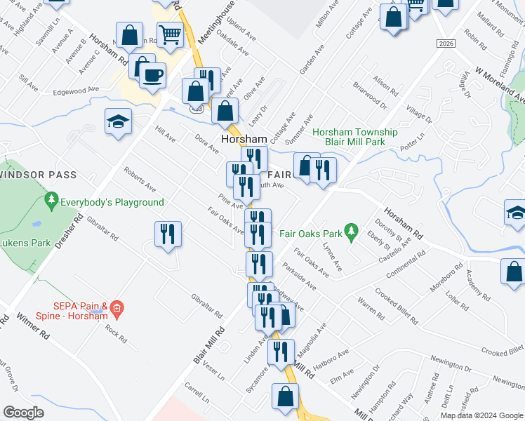 map of restaurants, bars, coffee shops, grocery stores, and more near 114 Fair Oaks Avenue in Horsham