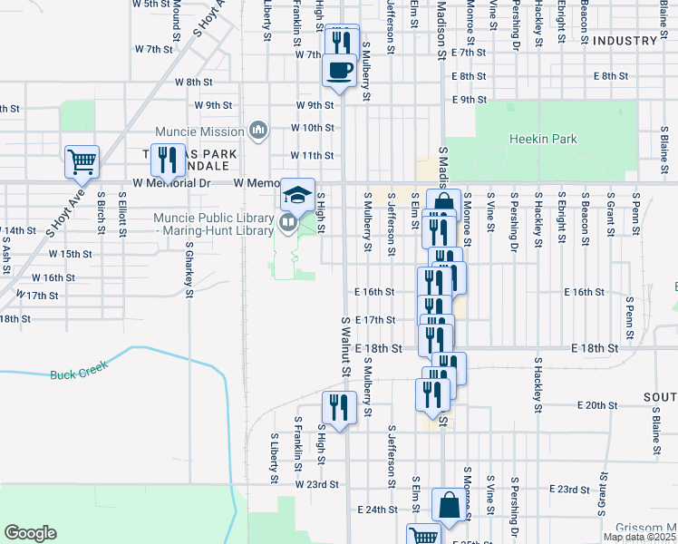 map of restaurants, bars, coffee shops, grocery stores, and more near 2226 South Walnut Street in Muncie