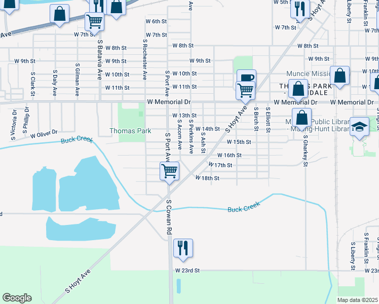 map of restaurants, bars, coffee shops, grocery stores, and more near 1517 West 16th Street in Muncie