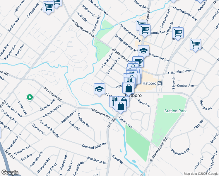 map of restaurants, bars, coffee shops, grocery stores, and more near 69 Williams Lane in Hatboro