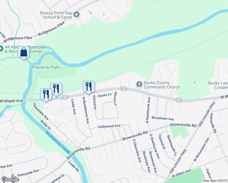 map of restaurants, bars, coffee shops, grocery stores, and more near 7 Essex Lane in Langhorne