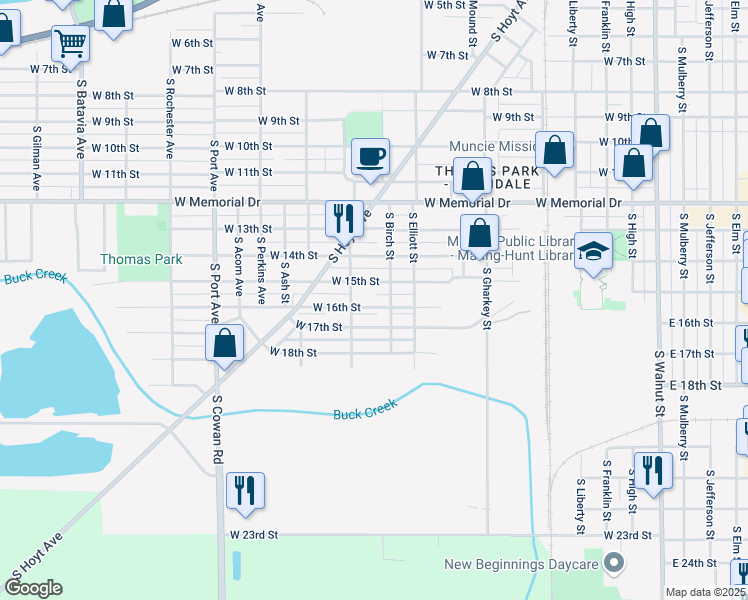 map of restaurants, bars, coffee shops, grocery stores, and more near 1114 West 16th Street in Muncie