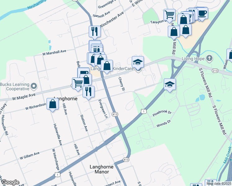 map of restaurants, bars, coffee shops, grocery stores, and more near 221 Flowers Avenue in Langhorne