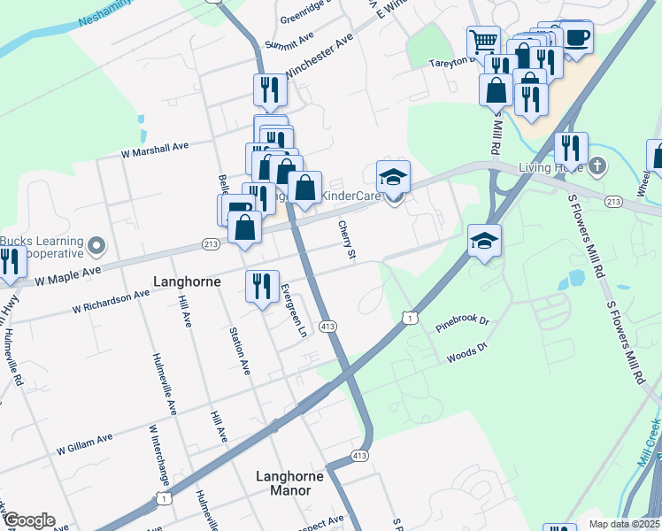 map of restaurants, bars, coffee shops, grocery stores, and more near 221 Flowers Avenue in Langhorne