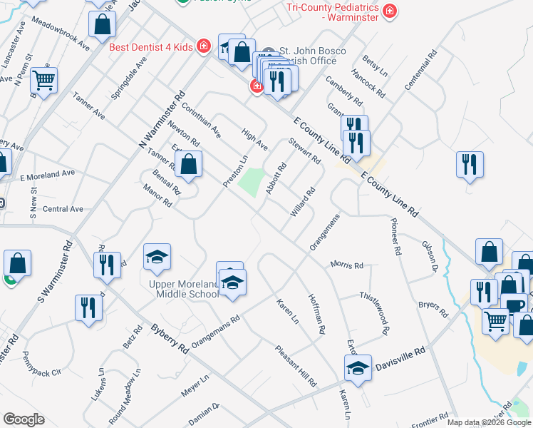 map of restaurants, bars, coffee shops, grocery stores, and more near 604 Exton Road in Hatboro