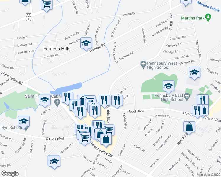 map of restaurants, bars, coffee shops, grocery stores, and more near 504 South Olds Boulevard in Fairless Hills