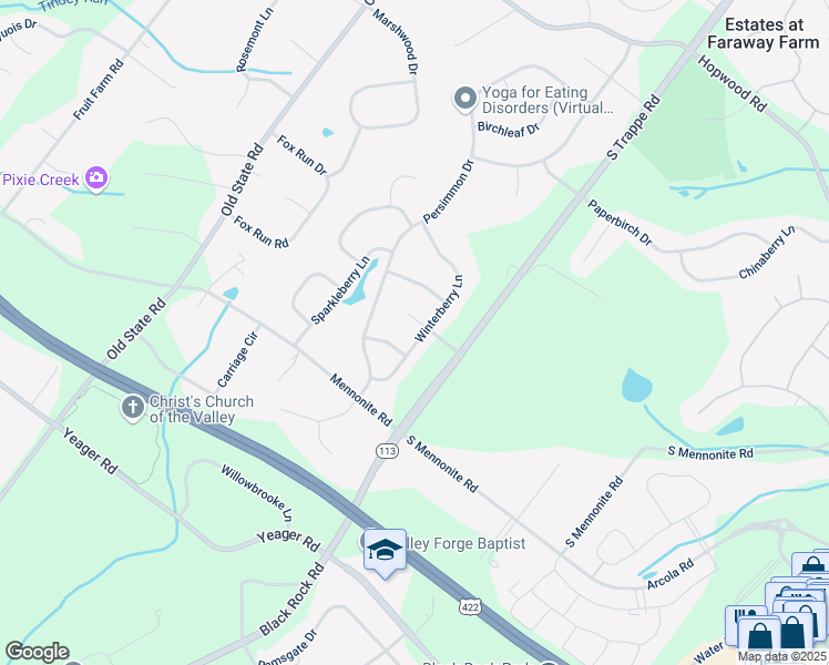 map of restaurants, bars, coffee shops, grocery stores, and more near 16 Sugarpine Lane in Collegeville