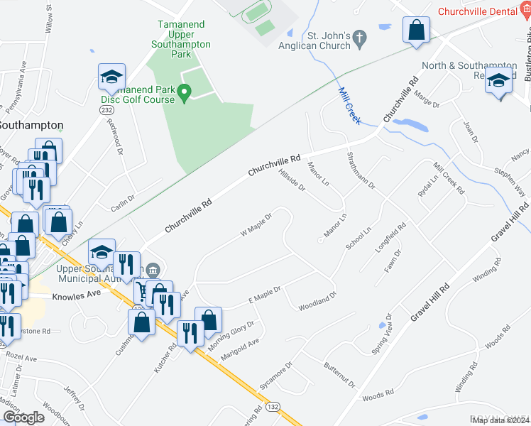 map of restaurants, bars, coffee shops, grocery stores, and more near 904 West Maple Drive in Southampton