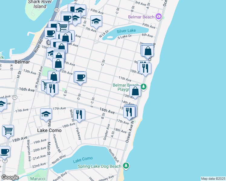 map of restaurants, bars, coffee shops, grocery stores, and more near 1307 B Street in Belmar