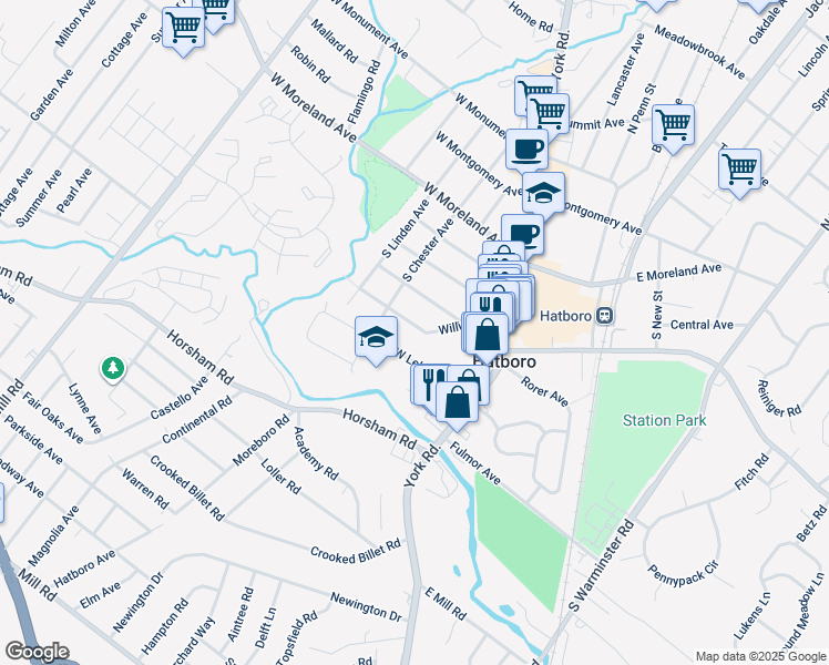map of restaurants, bars, coffee shops, grocery stores, and more near 69 Williams Lane in Hatboro