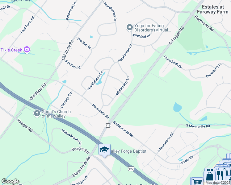 map of restaurants, bars, coffee shops, grocery stores, and more near 16 Sugarpine Lane in Collegeville