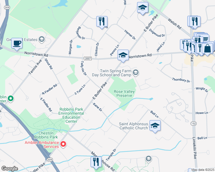 map of restaurants, bars, coffee shops, grocery stores, and more near 1610 East Butler Pike in Ambler