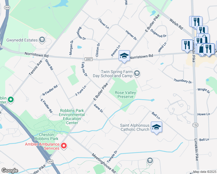 map of restaurants, bars, coffee shops, grocery stores, and more near 1610 East Butler Pike in Ambler