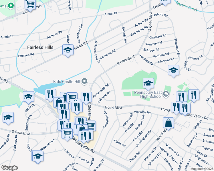 map of restaurants, bars, coffee shops, grocery stores, and more near 518 Kavanaugh Rd in Fairless Hills