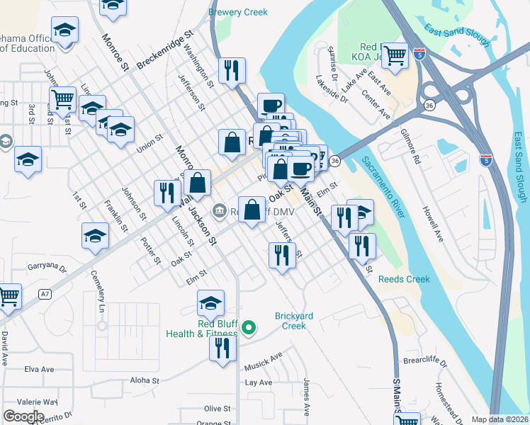 map of restaurants, bars, coffee shops, grocery stores, and more near 541 Jefferson Street in Red Bluff