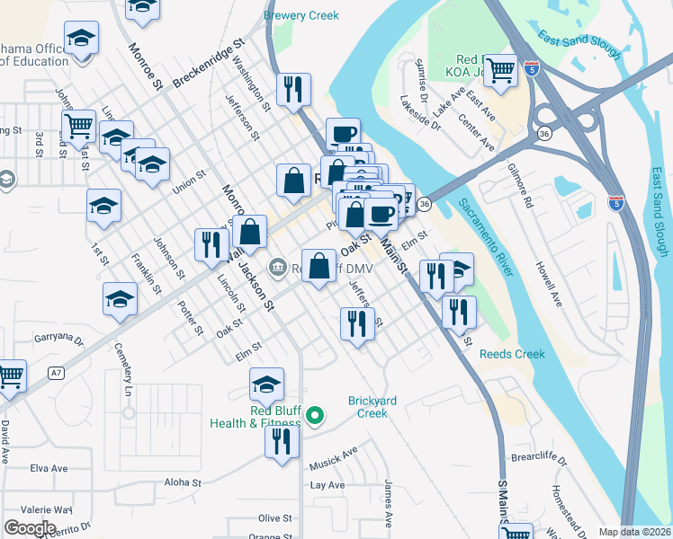 map of restaurants, bars, coffee shops, grocery stores, and more near 541 Jefferson Street in Red Bluff