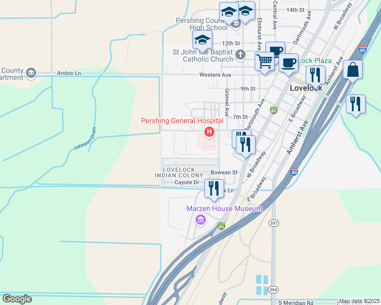 map of restaurants, bars, coffee shops, grocery stores, and more near 220 Bowean Street in Lovelock