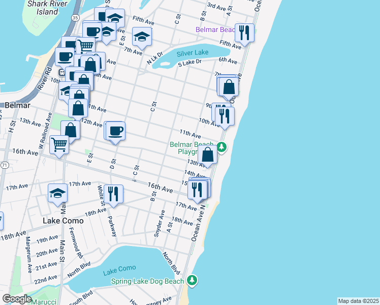 map of restaurants, bars, coffee shops, grocery stores, and more near 108 13th Avenue in Belmar