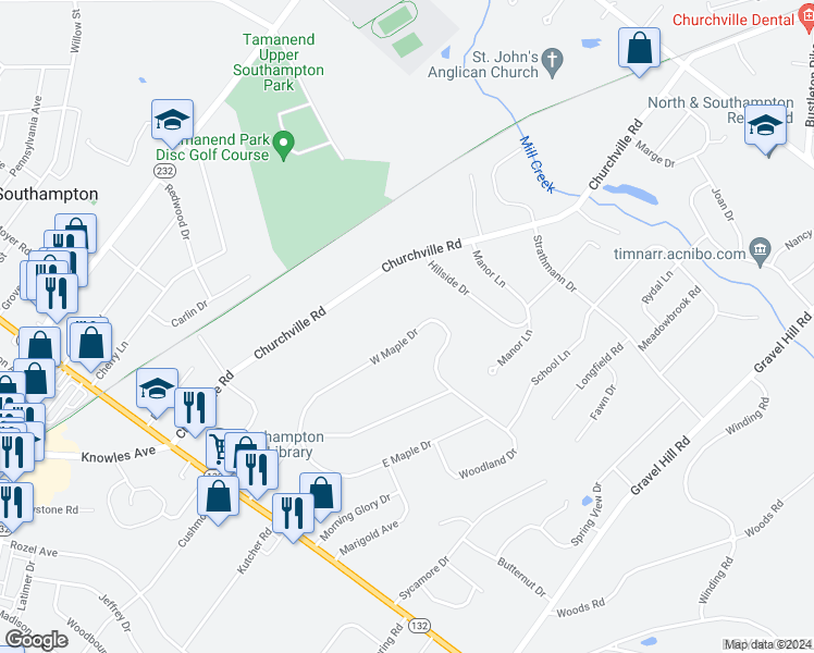 map of restaurants, bars, coffee shops, grocery stores, and more near 904 West Maple Drive in Southampton