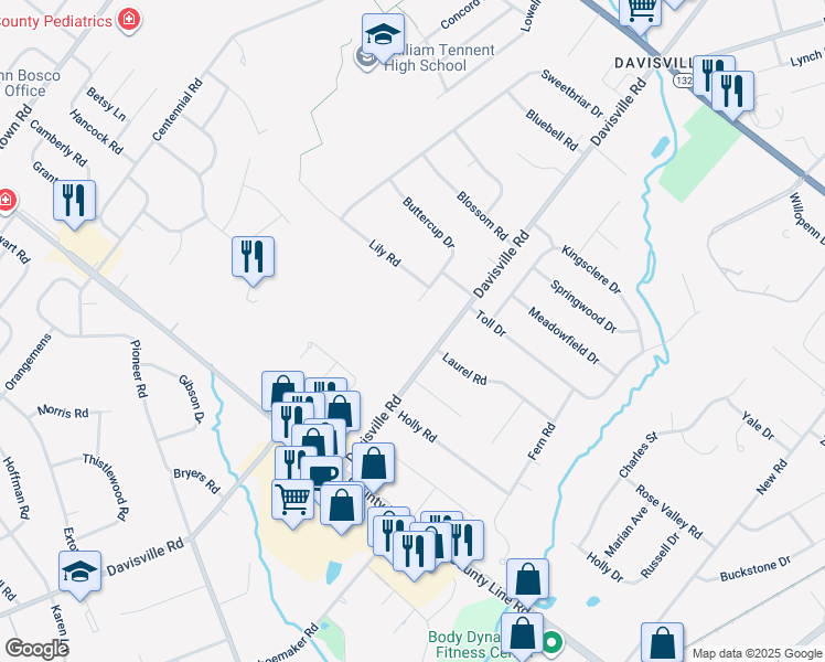map of restaurants, bars, coffee shops, grocery stores, and more near 170 Davisville Road in Warminster