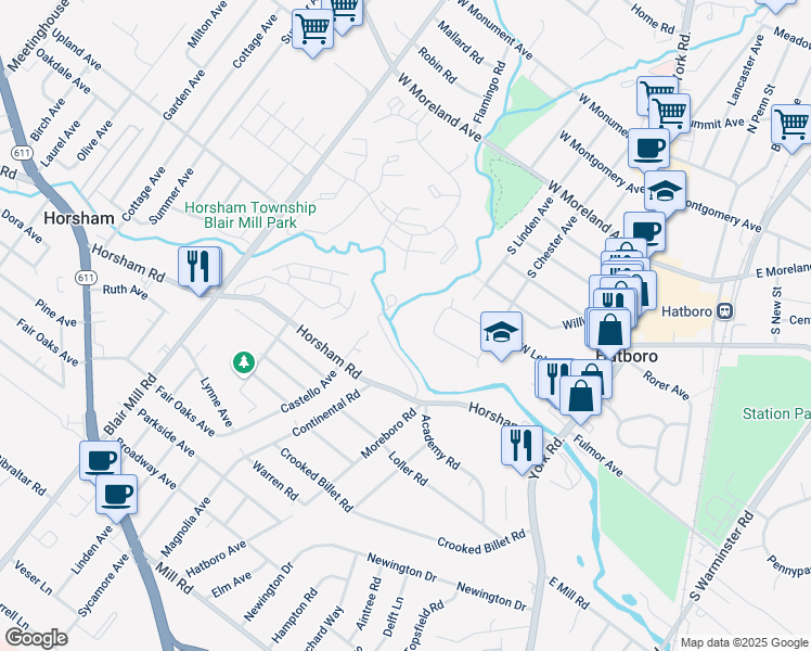 map of restaurants, bars, coffee shops, grocery stores, and more near 153 Spring Avenue in Hatboro
