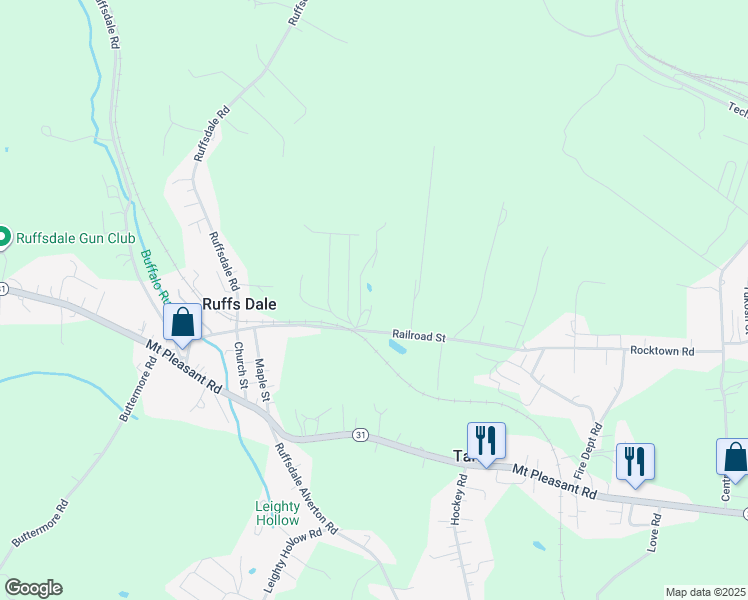 map of restaurants, bars, coffee shops, grocery stores, and more near 207 Railroad Street in Ruffs Dale