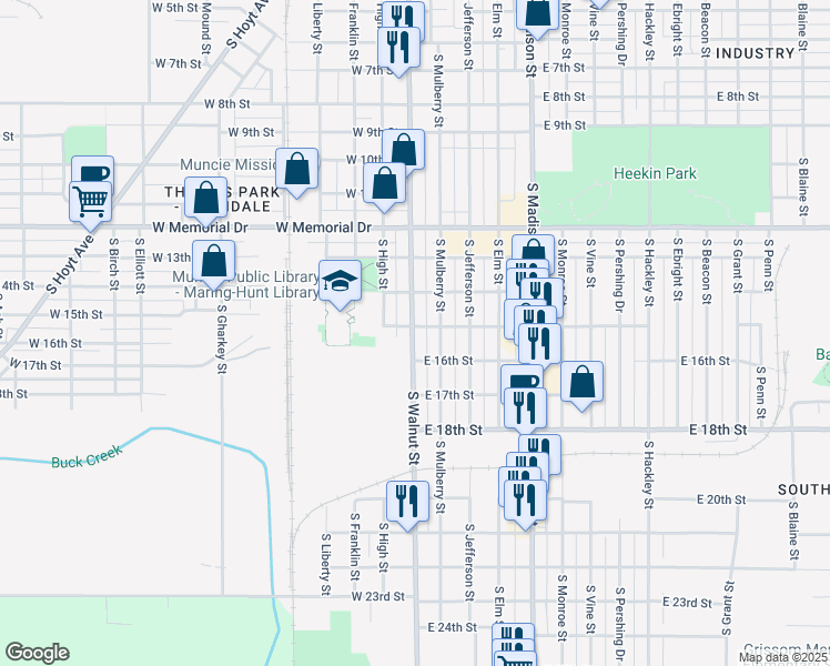 map of restaurants, bars, coffee shops, grocery stores, and more near 2226 South Walnut Street in Muncie