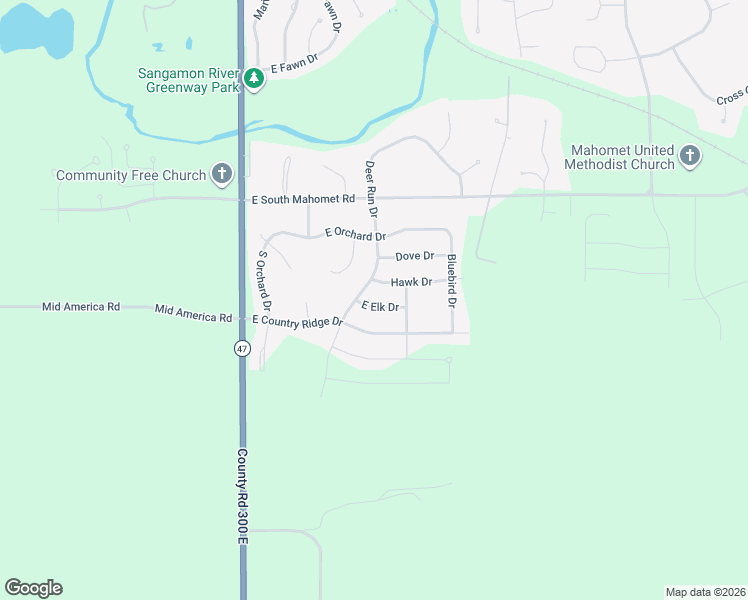 map of restaurants, bars, coffee shops, grocery stores, and more near 506 East Country Ridge Drive in Mahomet