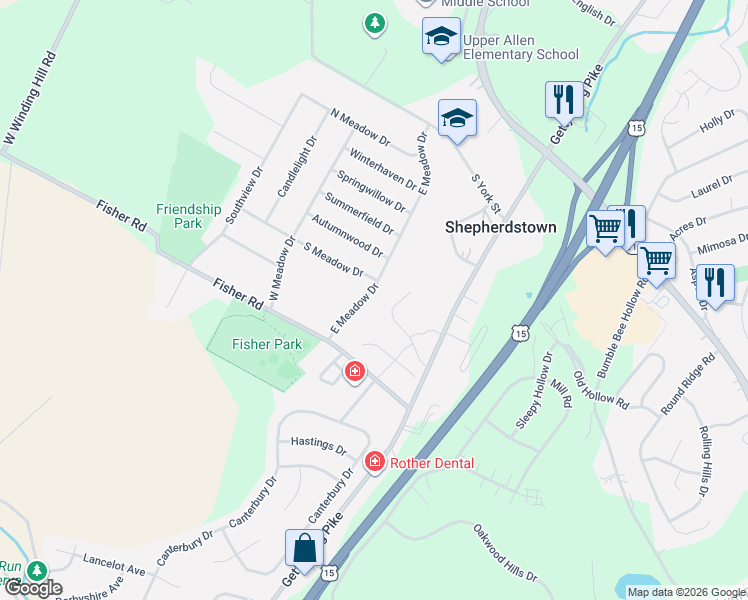 map of restaurants, bars, coffee shops, grocery stores, and more near 2127 Arbor Court in Mechanicsburg