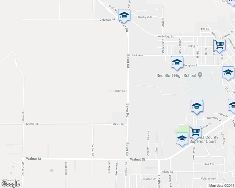 map of restaurants, bars, coffee shops, grocery stores, and more near 20815 Dalby Lane in Red Bluff