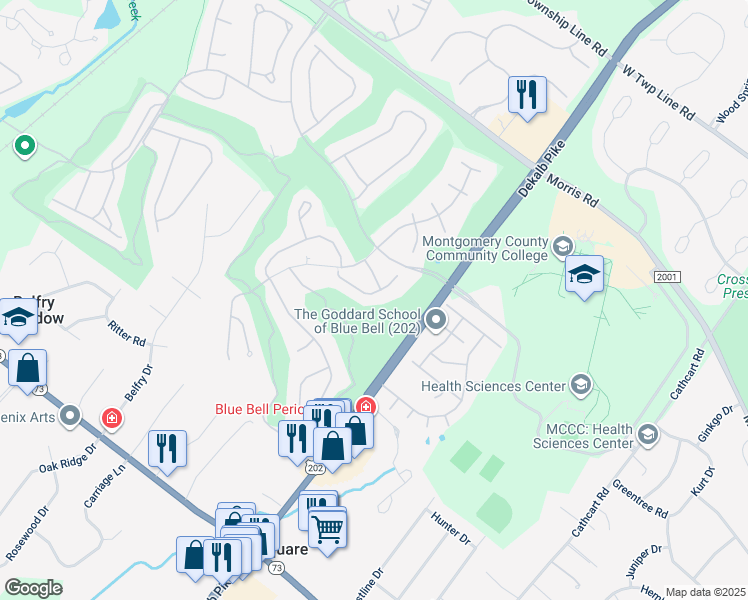map of restaurants, bars, coffee shops, grocery stores, and more near 304 Saint Andrews Place in Blue Bell