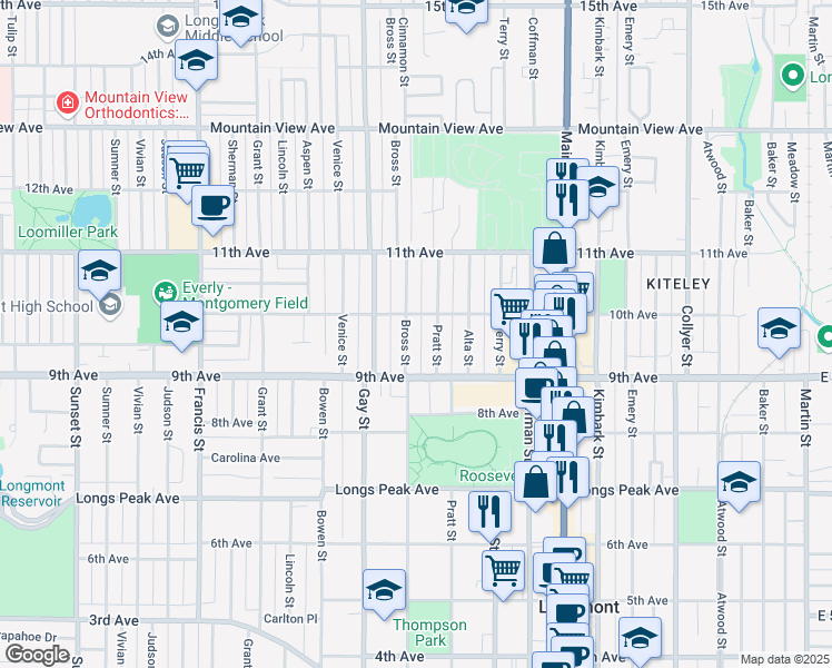 map of restaurants, bars, coffee shops, grocery stores, and more near 934 Bross Street in Longmont