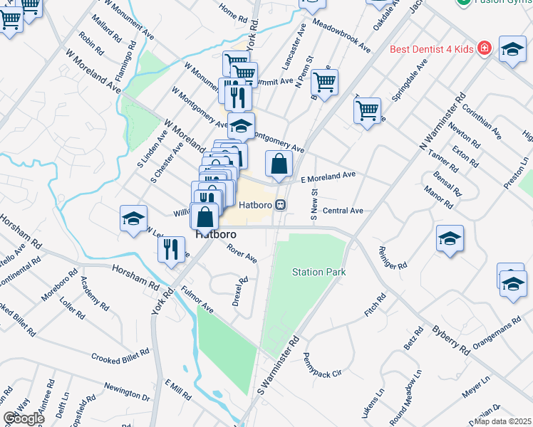 map of restaurants, bars, coffee shops, grocery stores, and more near 76 Byberry Road in Hatboro